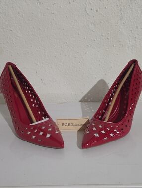 BCBGeneration Bissha-3 Lipstick Red Patent Laser-Cut Pointed Toe Pumps